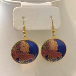 Circular Gold Tone Blue Floral Boho Dangle Earrings.